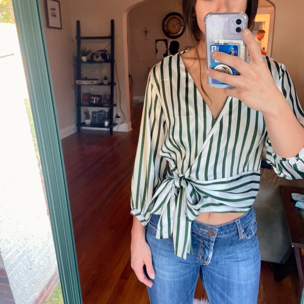 Green and white wrap shirt